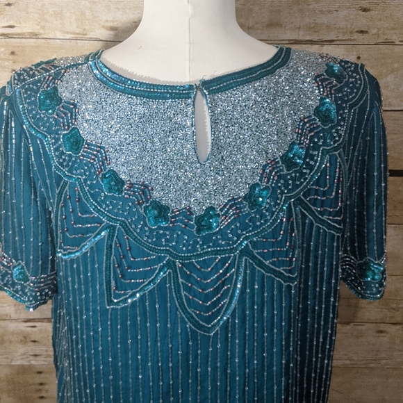 Vintage Stenay Teal Beaded Blouse - Picture 13 of 14